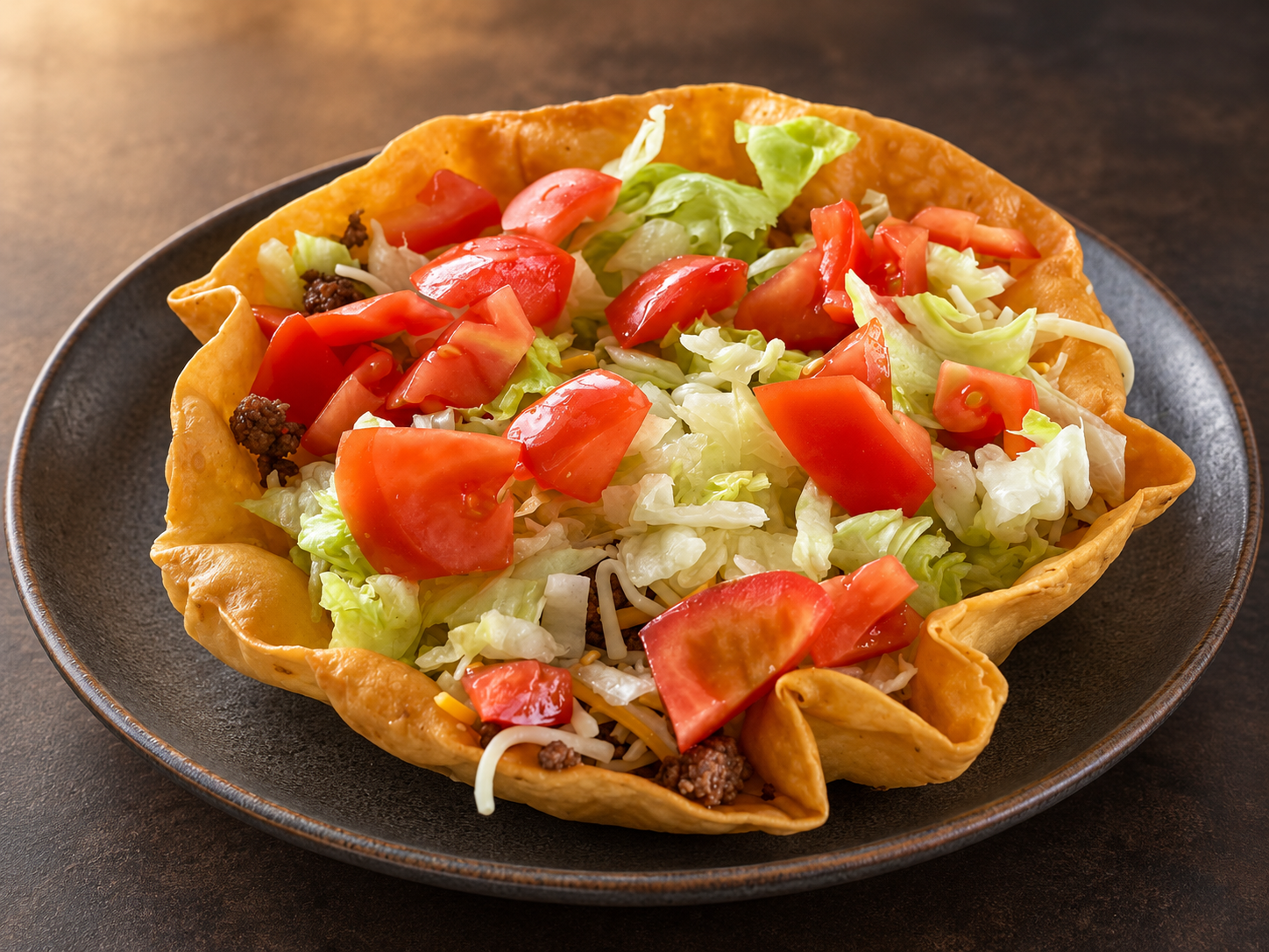 Crispy tortilla bowl with lettuce, tomatoes, and cheese