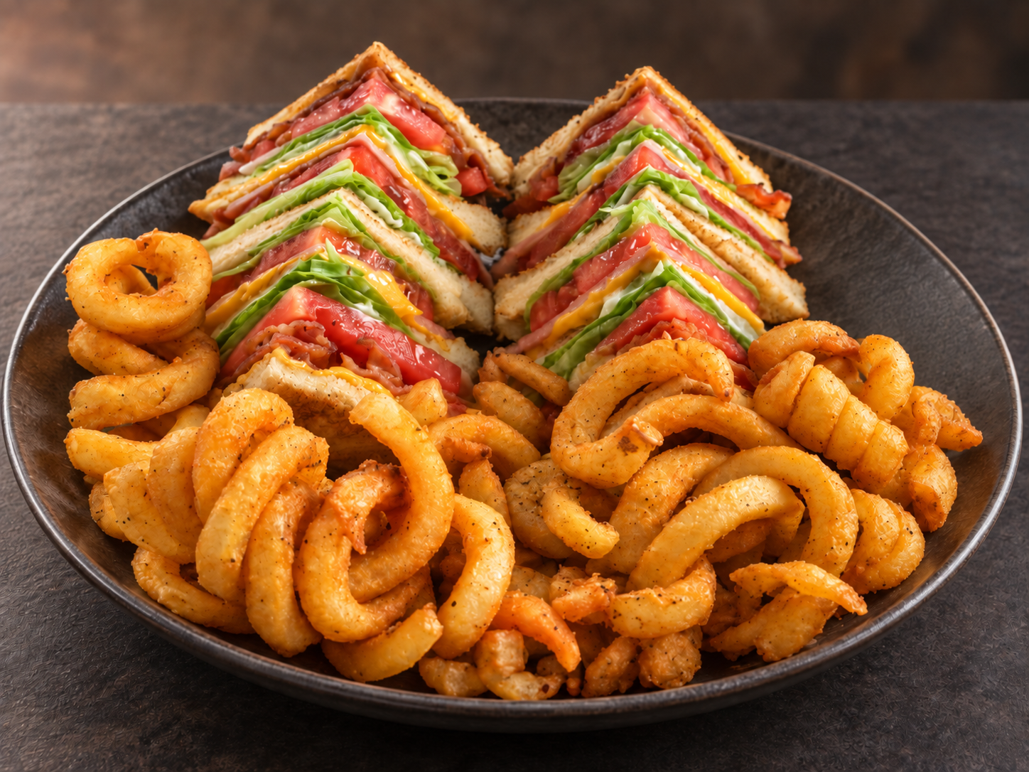 Club sandwich triangles served with curly fries