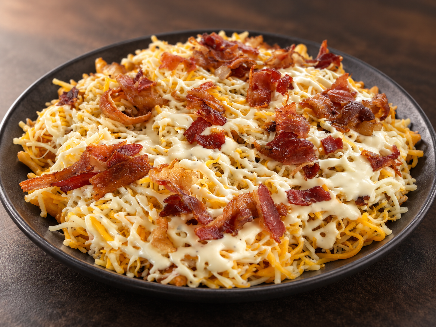 Fries topped with cheese, bacon, and ranch