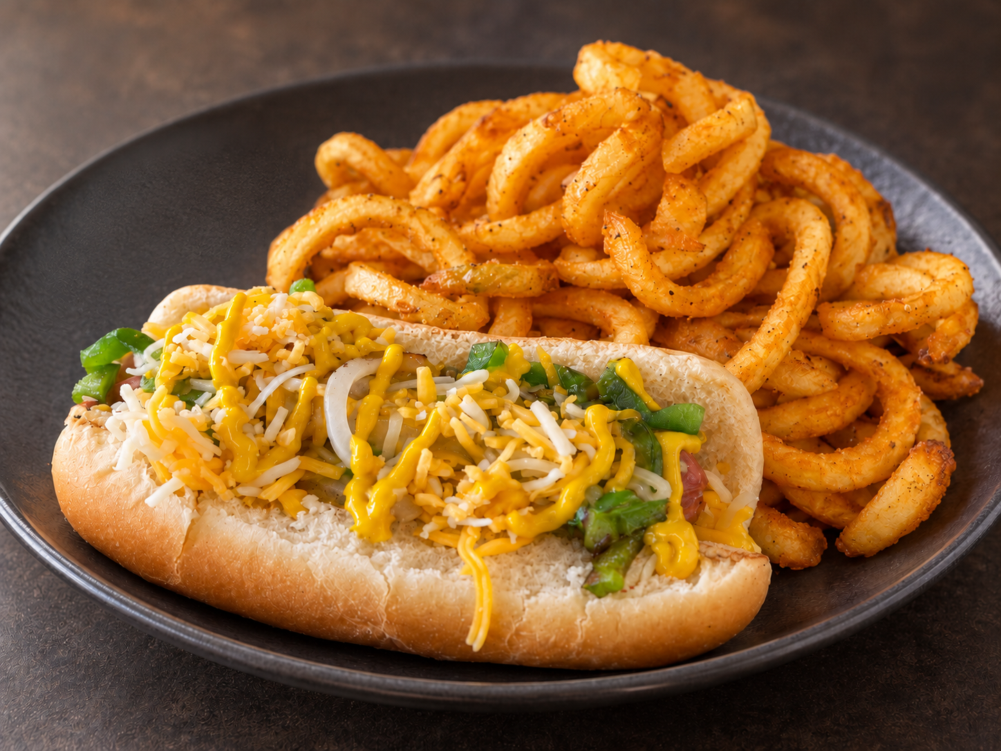 Hot dog with cheese, vegetables, and curly fries