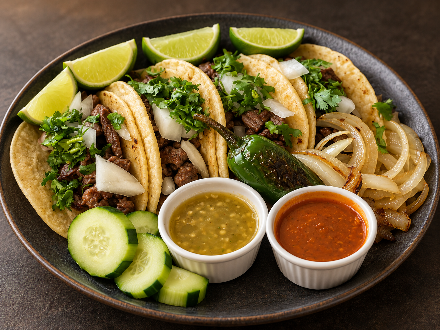 Tacos with cilantro, onions, lime wedges, and sauces