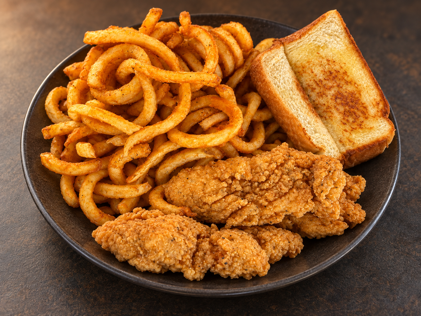 Breaded chicken tenders with curly fries and toast